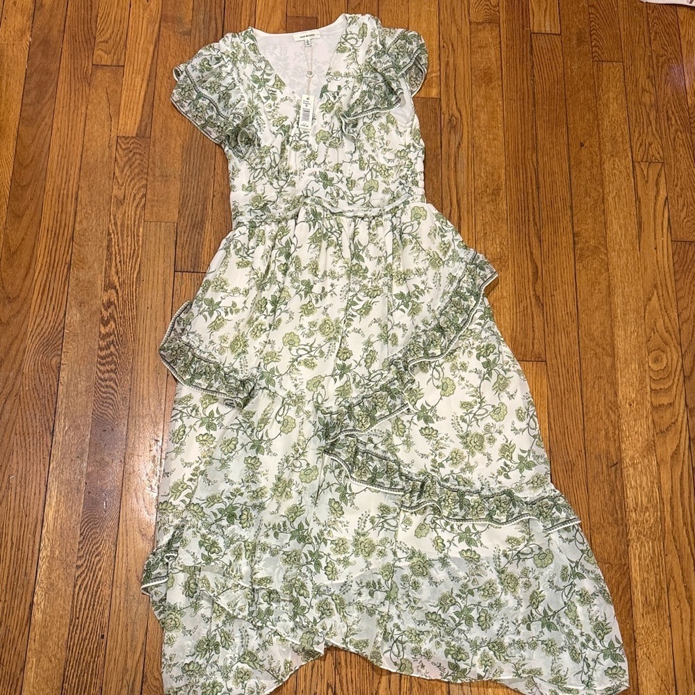 NWT max studio Georgette green garden Floral Ruffle midi maxi dress size S